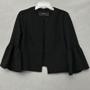 ZARA BASIC Black Bell Sleeve Cropped Blazer Jacket Open Front Size L Work Party